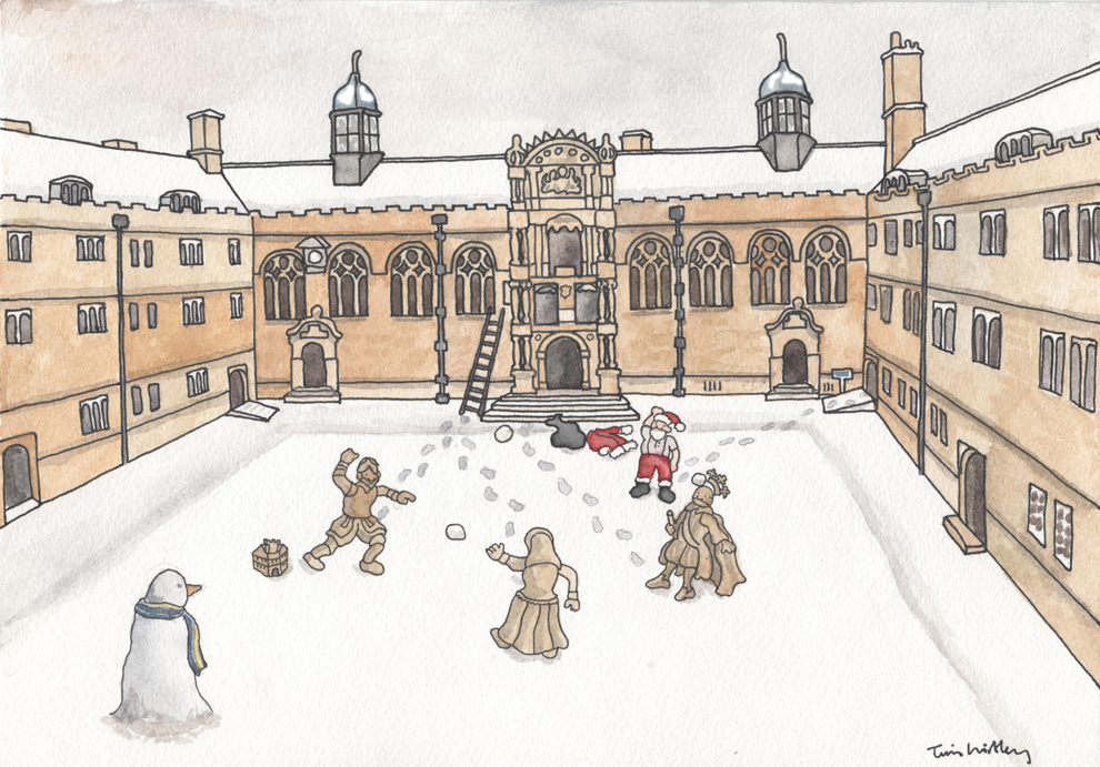 Wadham College Christmas card 2013<br>The statues of the college founders, Nicholas and Dorothy Wadham, climb <br>down from their pedestals and have a snowball fight with King James I and Santa
