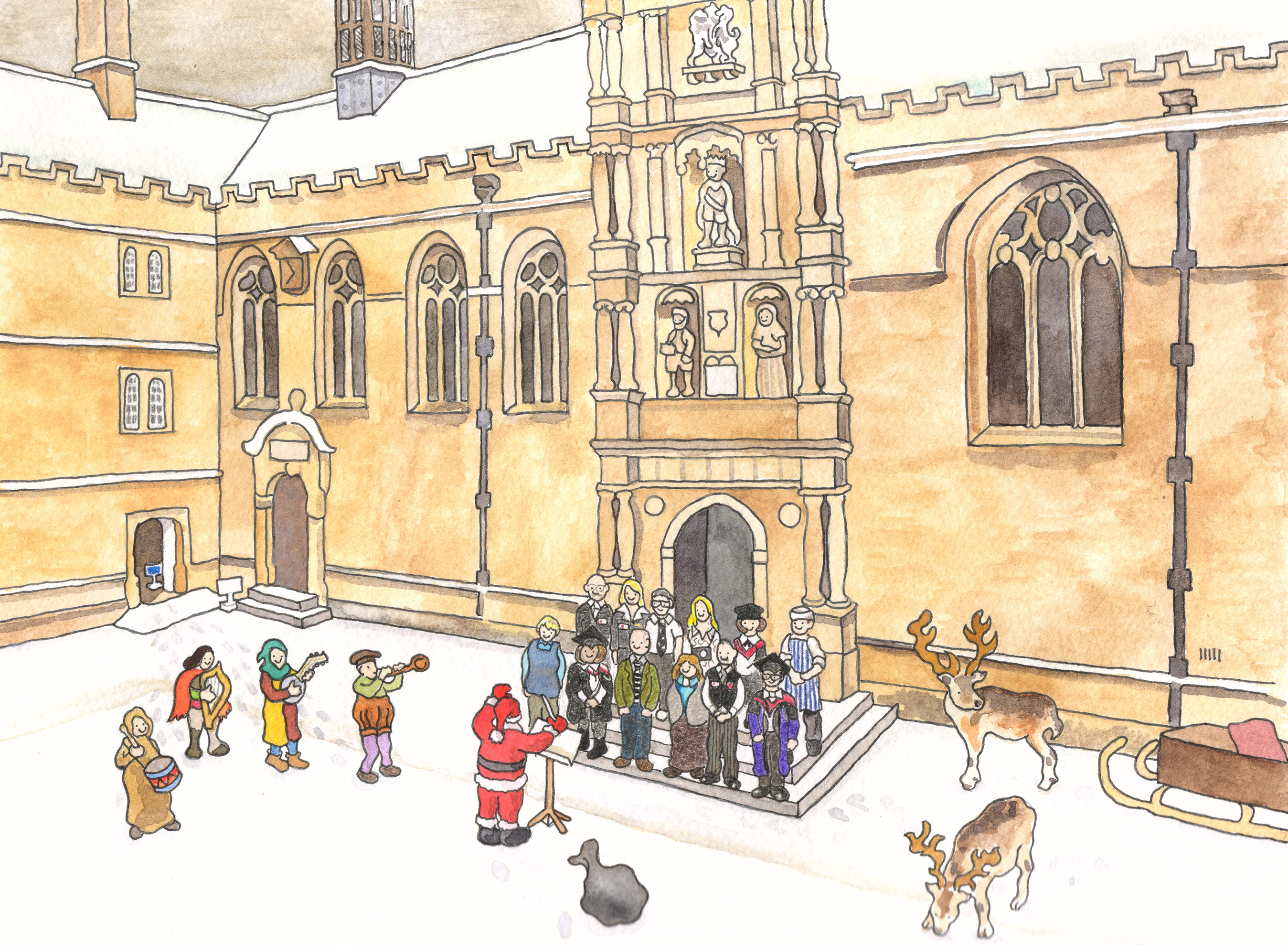 Wadham College Christmas card 2015<br>Various members of the college join the Christmas choir conducted by Santa
